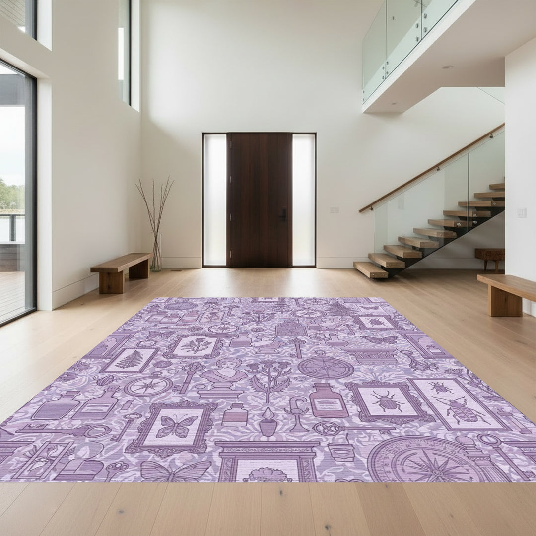Whimsical Violet Botanical Curiosity Collage Rug