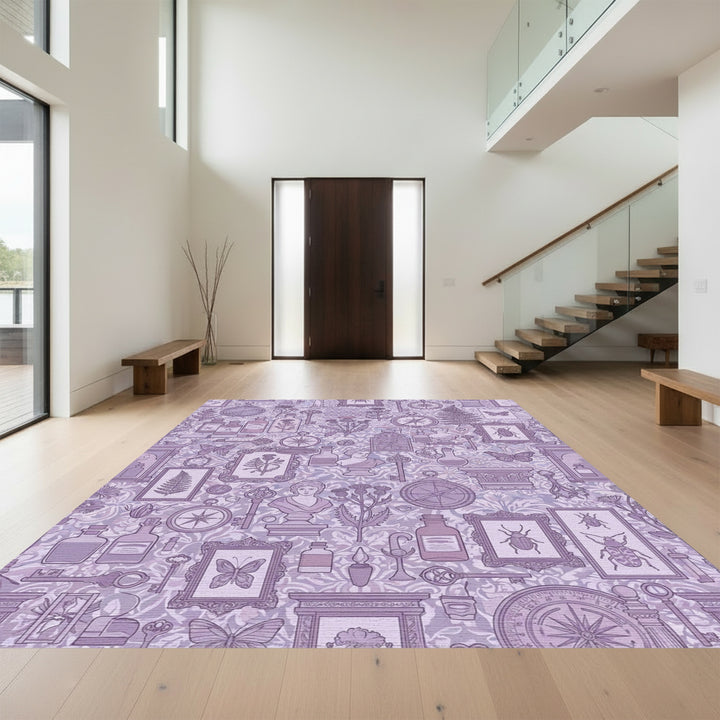 Whimsical Violet Botanical Curiosity Collage Rug