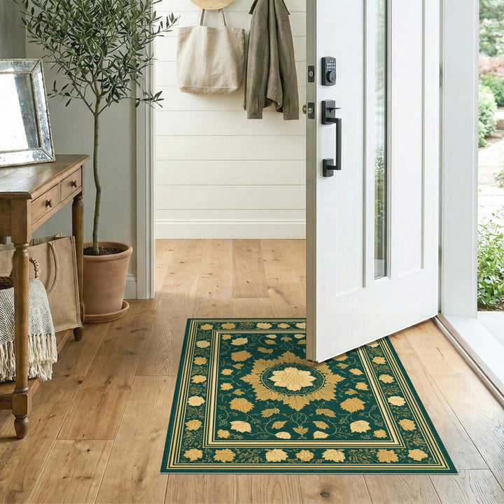 Green Floral Vintage Area Rug with Gold Medallion