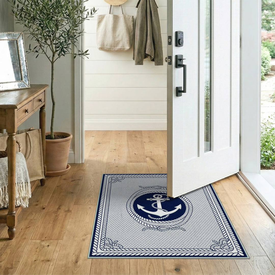 Navy Anchor Rope Coastal Area Rug