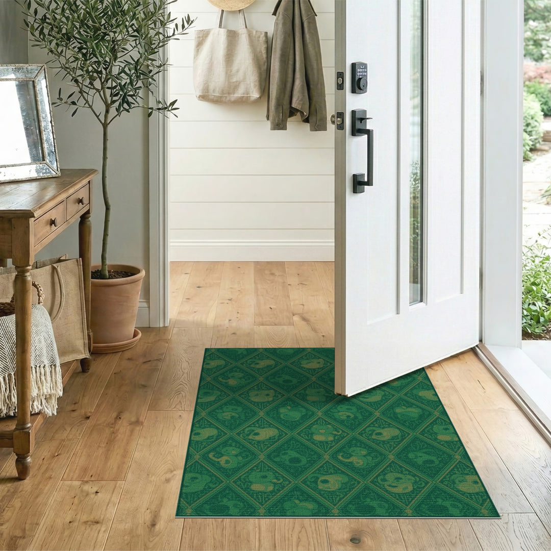 Green Cartoon Monkey Lattice Kids Area Rug