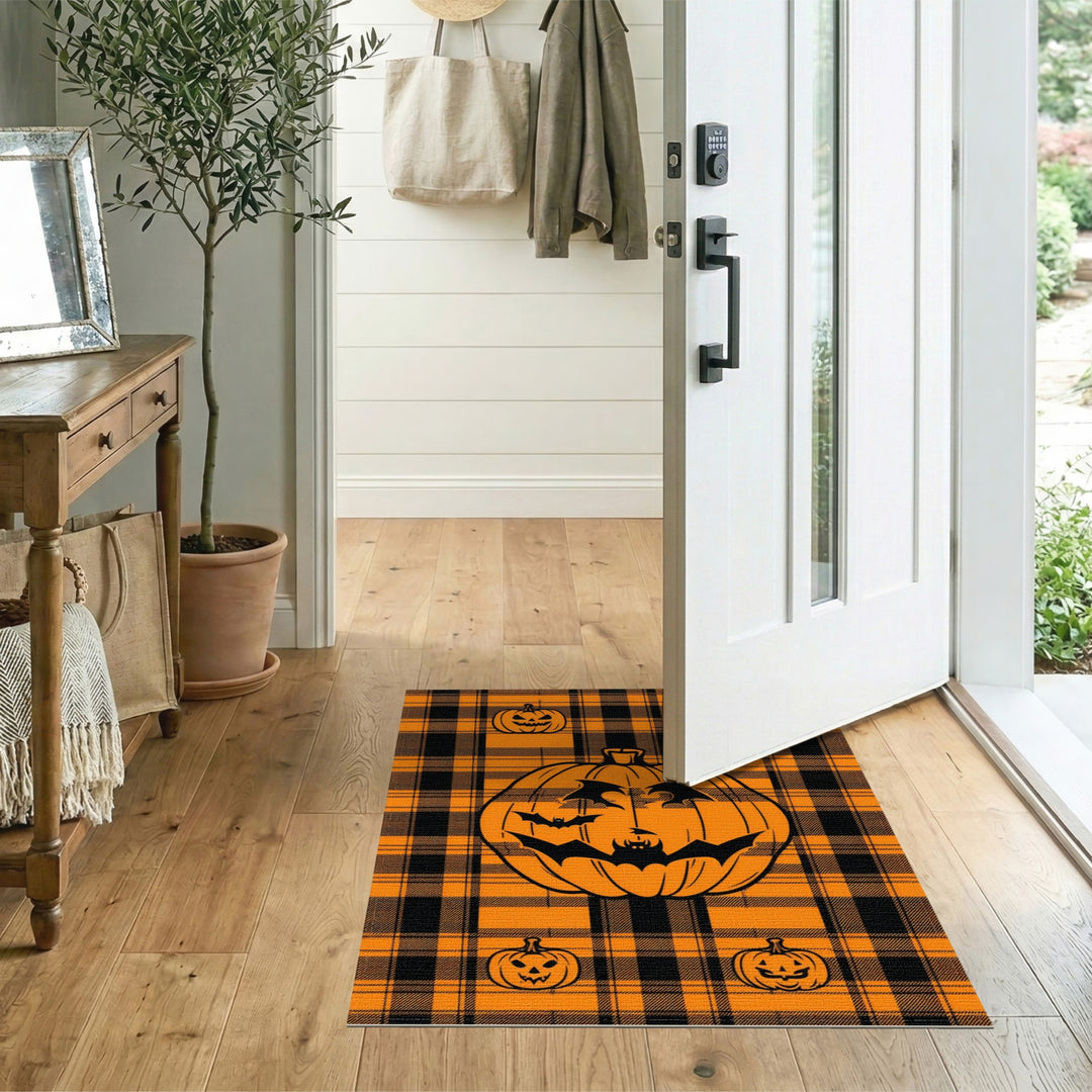 Halloween Pumpkin Bat Orange Plaid Area Rug
