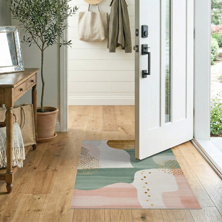 Abstract Teal Pink Gold Dot Area Rug