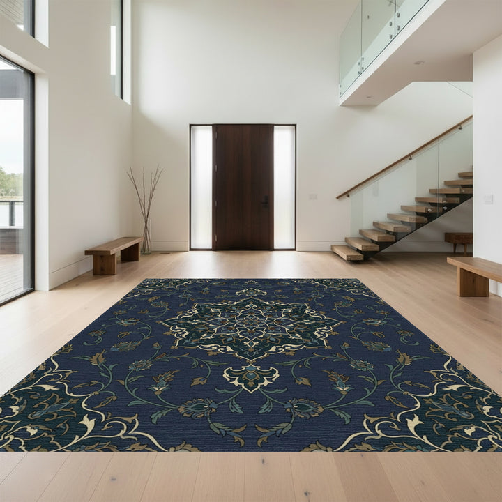 Midnight Blue Floral Medallion Overlay Rug