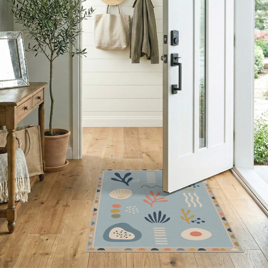 Coastal Blue Coral Shell Area Rug