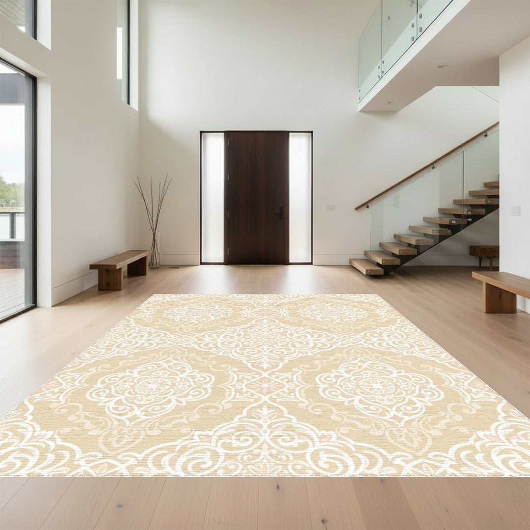 Cream White Filigree Floral Medallion Rug