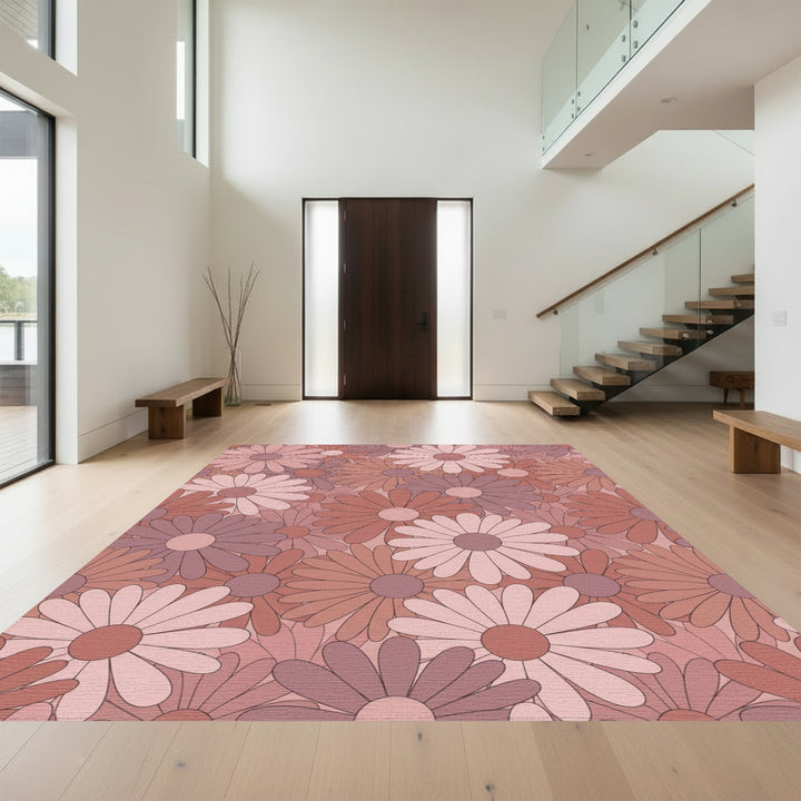 Retro Floral Blooms In Dusty Rose Rug