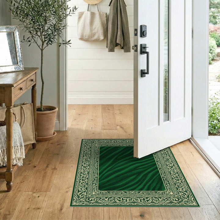 Green Zebra Striped Ornate Vintage Area Rug
