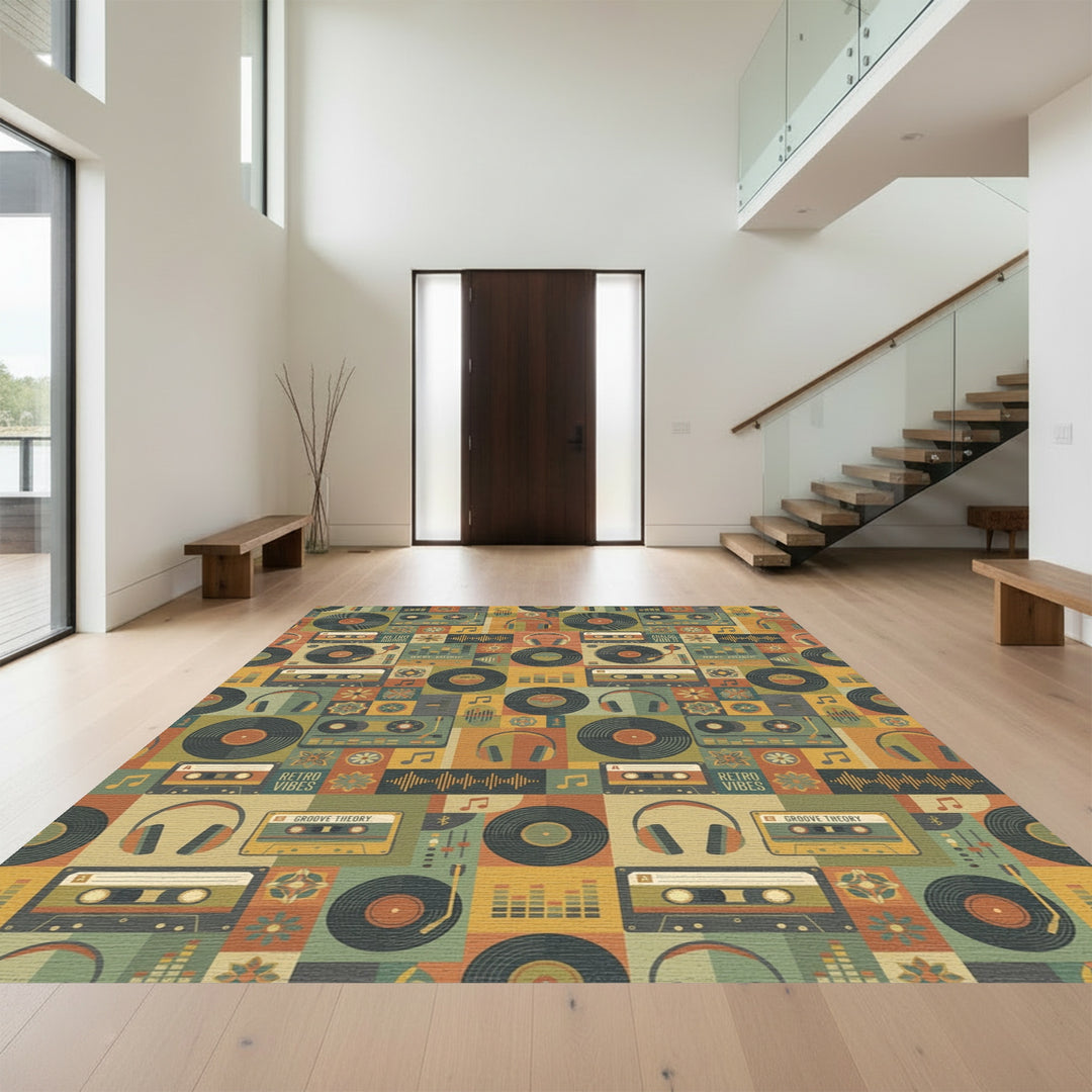 Retro Music Cassette Vinyl Headphone Collage Rug