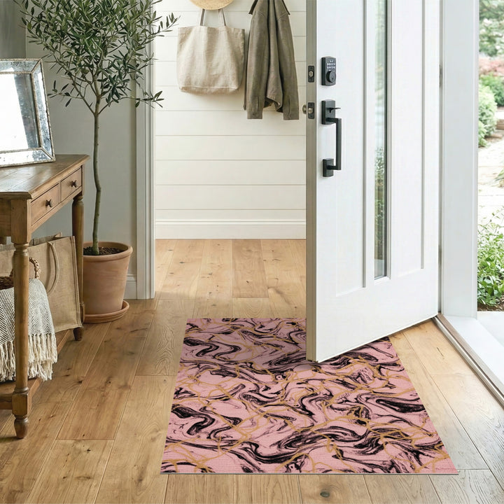Pink Marble Swirl Area Rug with Gold Accents