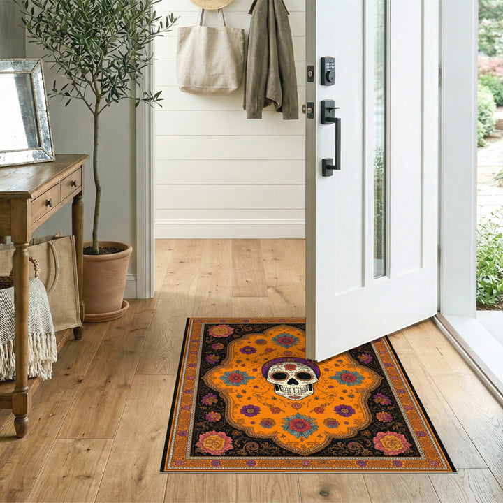 Orange Sugar Skull Floral Area Rug
