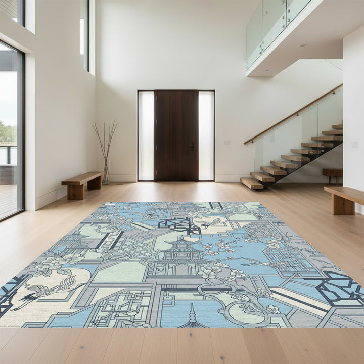 Serene Blue Pagodas Crane Blossom Collage Rug