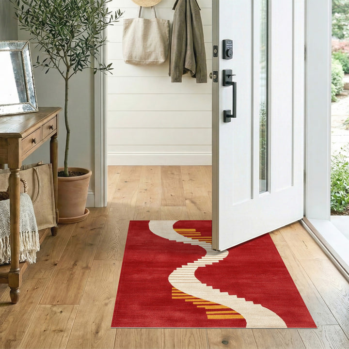 Red Geometric Wave Stair Area Rug