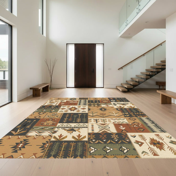 Earthy Boho Patchwork Arrow Medallion Rug