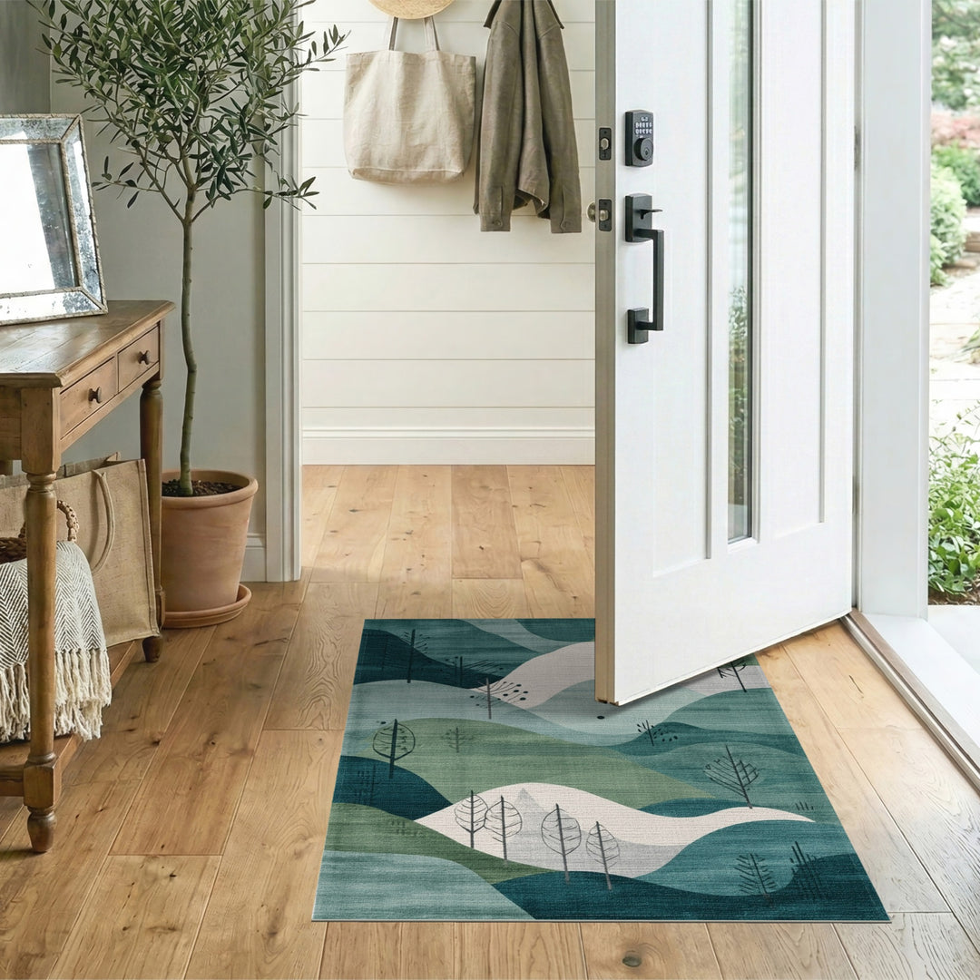 Blue Teal Abstract Hills Area Rug