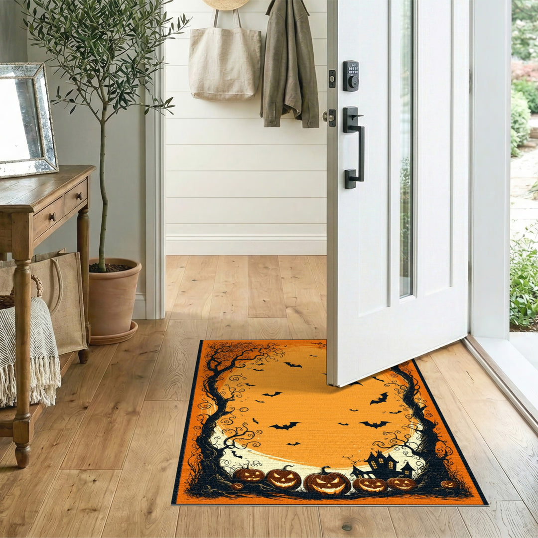 Orange Halloween Pumpkins and Bats Area Rug