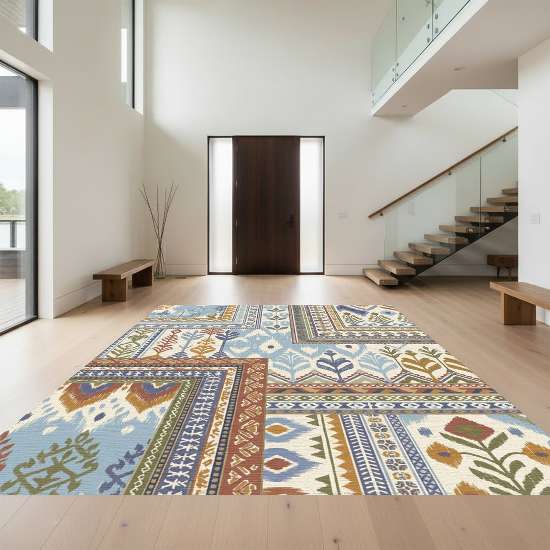 Patchwork Blue and Ochre Ikat Floral Rug