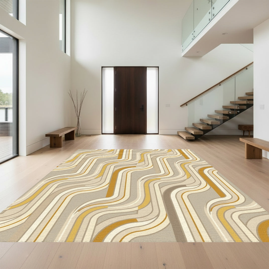 Retro Wavy Stripe Gold Cream Rug