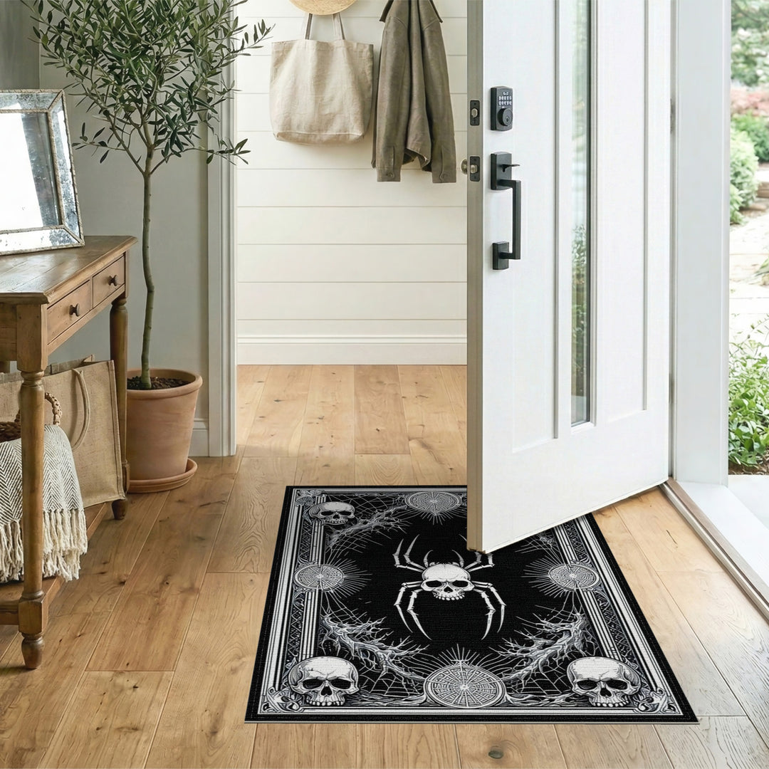 Skull Spider Black White Washable Area Rug
