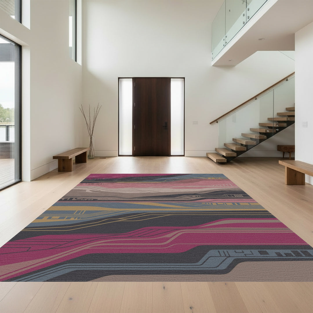 Modern Abstract Lines Magenta Blue Gold Rug