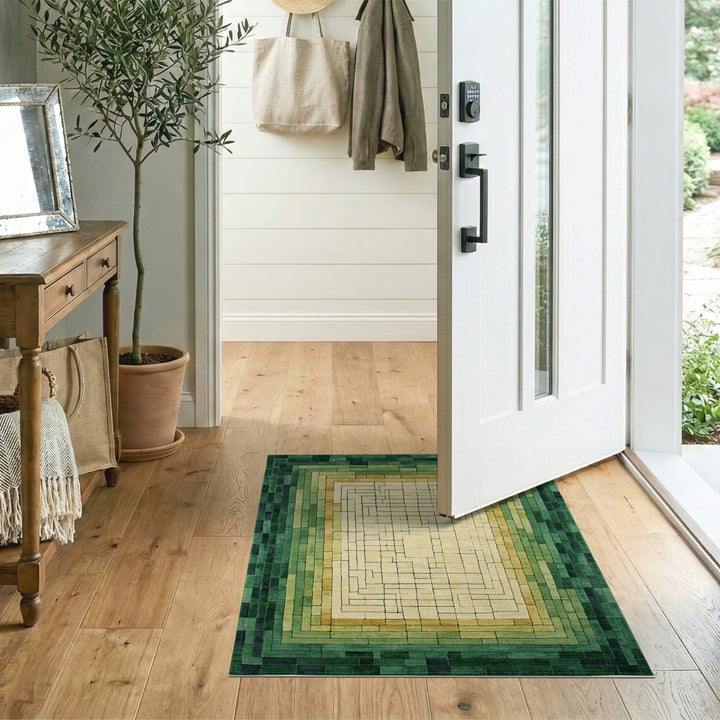 Green Geometric Maze Geometric Modern Area Rug