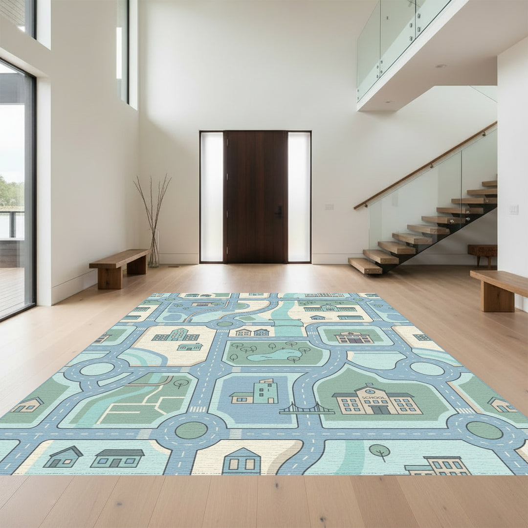 Soft Blue Cityscape Road Network Rug
