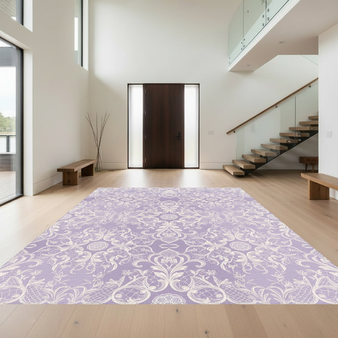 Lavender White Delicate Rococo Swirl Rug