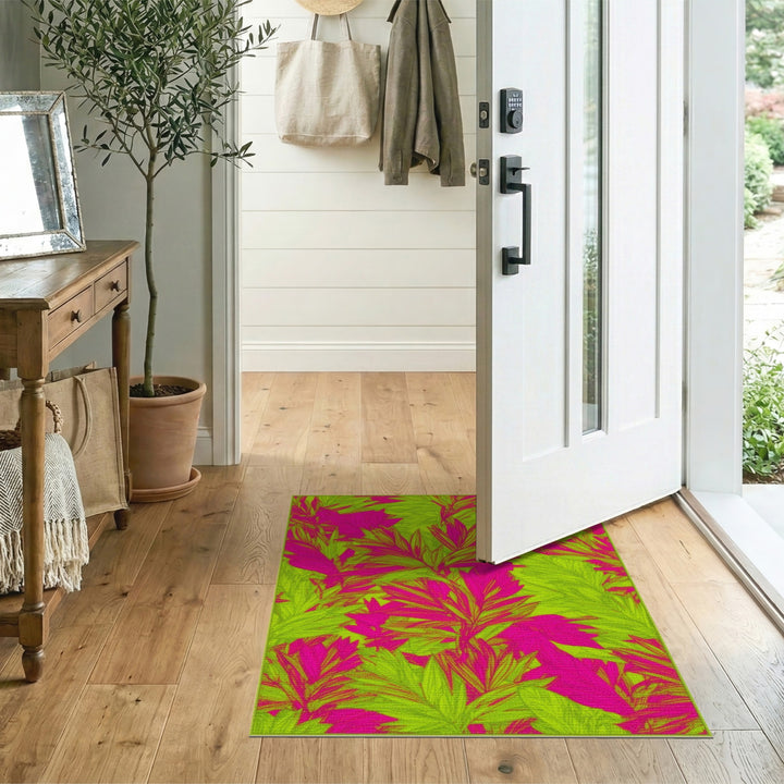 Bold Pink and Lime Leaf Area Rug