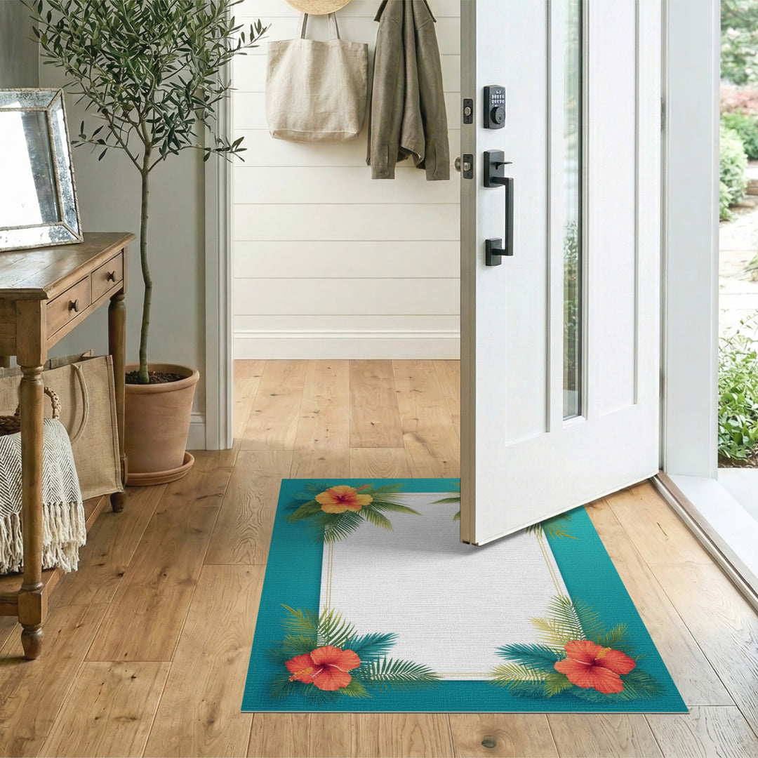 Hibiscus Palm Teal Border Area Rug
