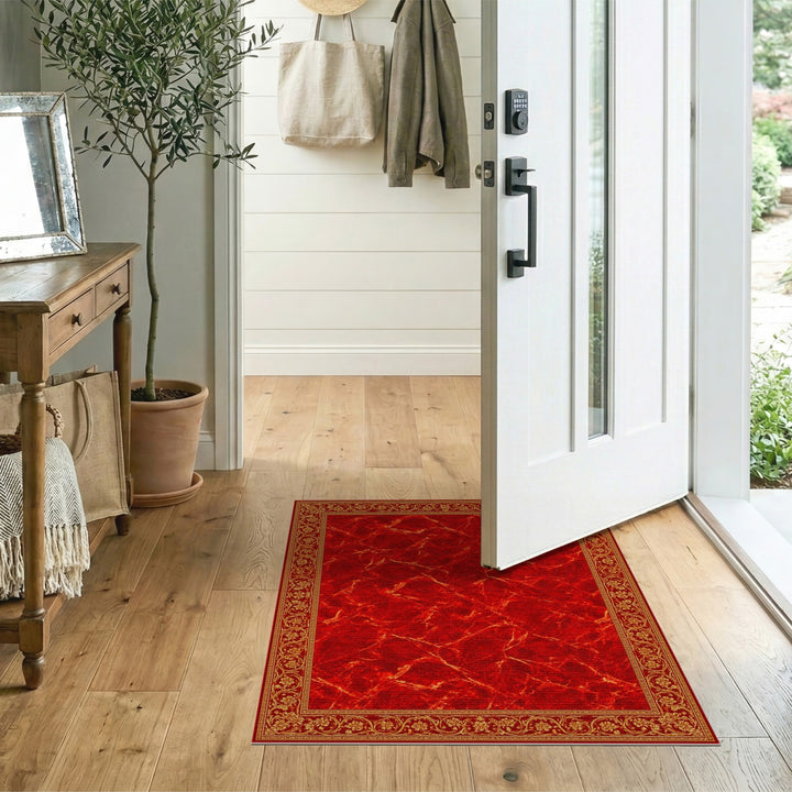 Red Marble Rug with Gold Floral Border