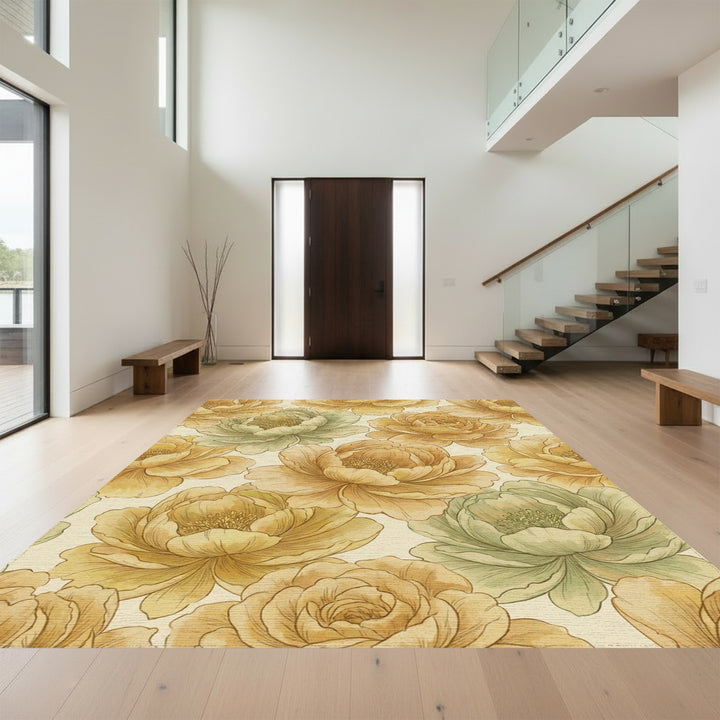 Golden Olive Peony Floral Harmony Rug