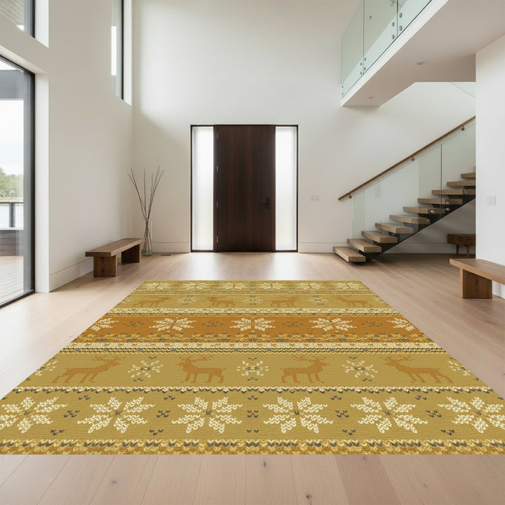 Golden Ochre Reindeer Snowflake Knit Rug