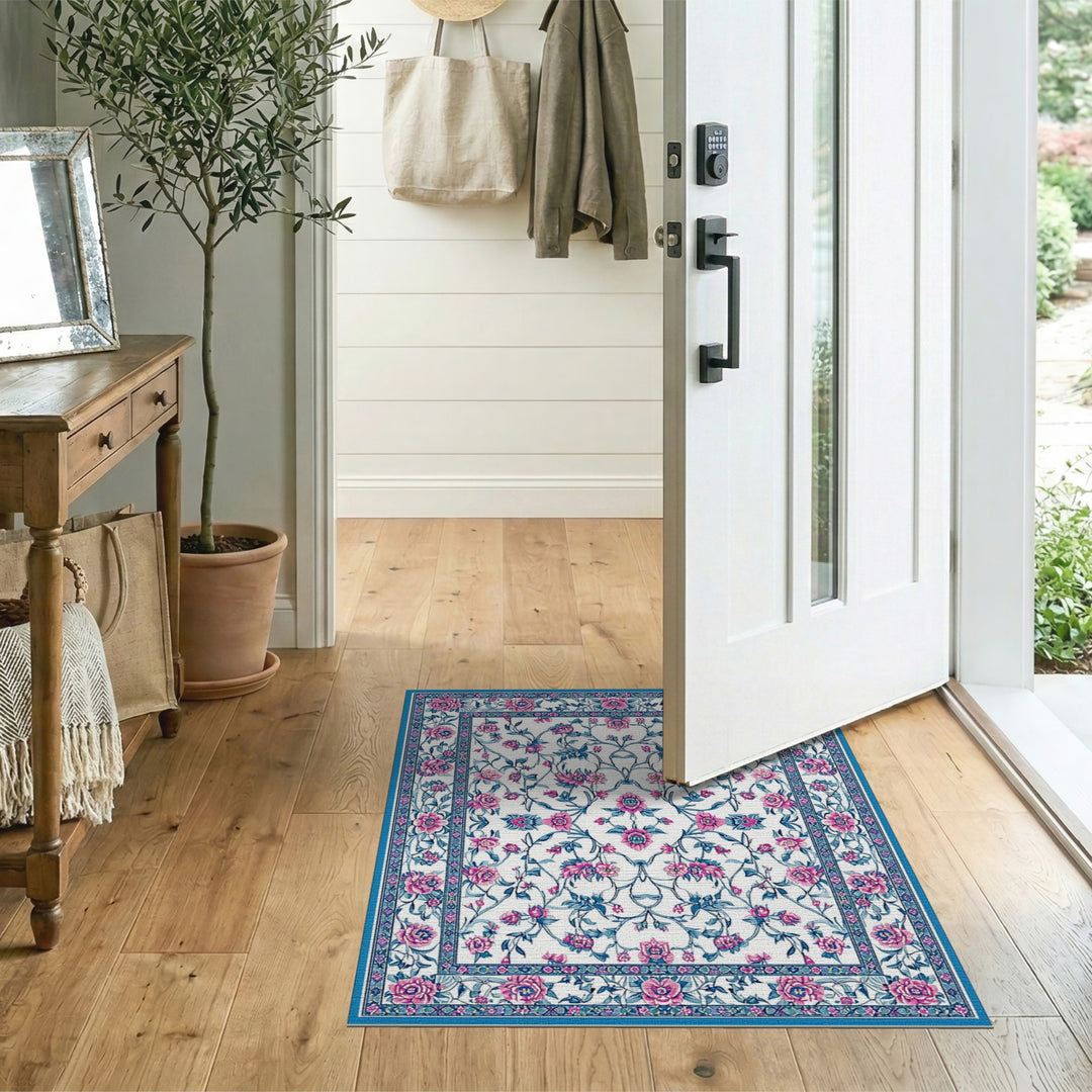 Blue and Teal Blue Pink Floral Vintage Area Rug
