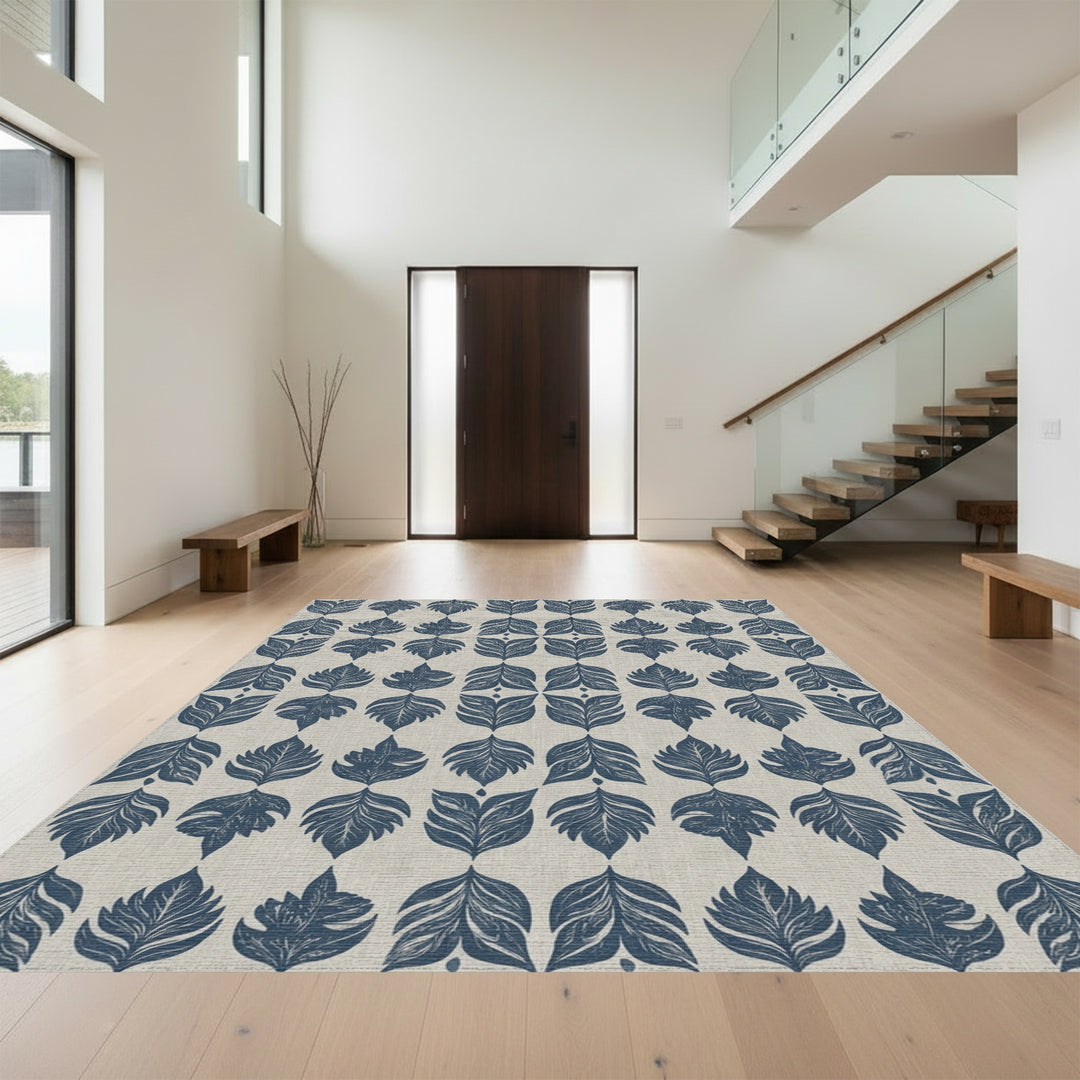 Navy Blue Leafy Imprint Repeat Rug