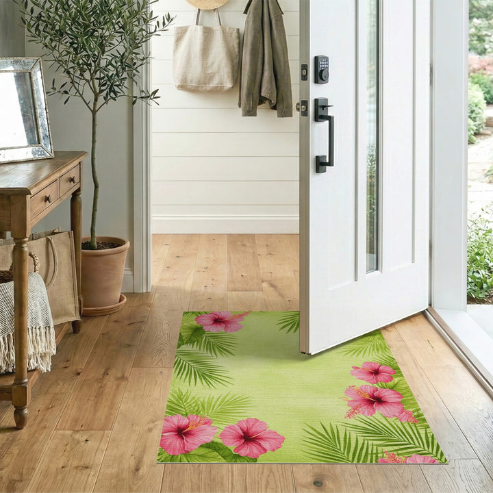 Pink Hibiscus Palm Leaf Washable Area Rug