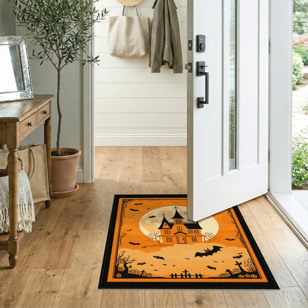 Kids Cartoon Orange Haunted House Halloween Area Rug