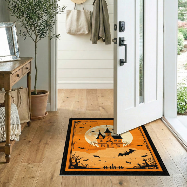 Kids Cartoon Orange Haunted House Halloween Area Rug