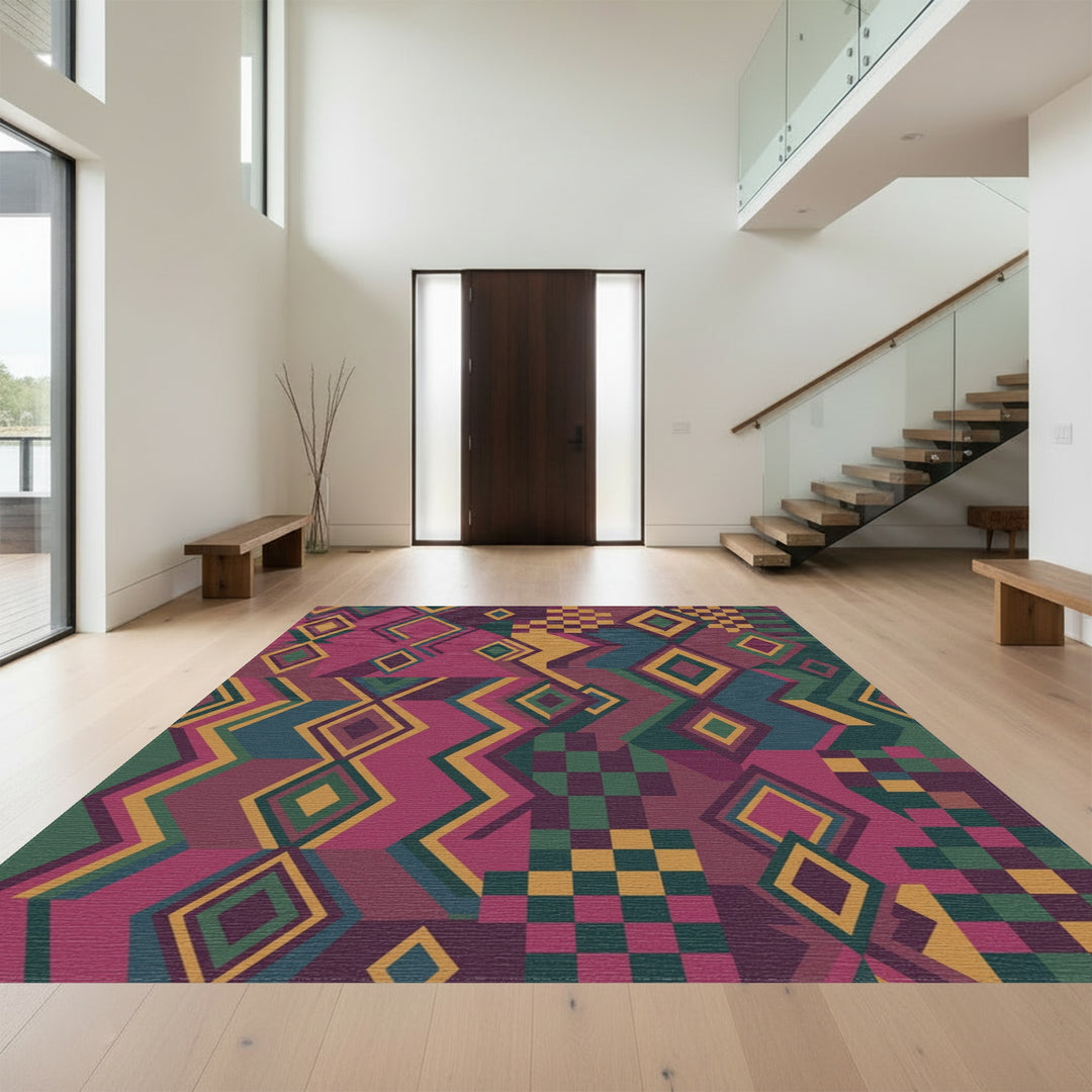Crimson Teal Gold Geometric Diamond Patchwork Rug