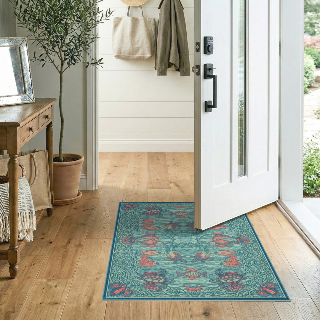 Coastal Blue Sea Turtle Area Rug