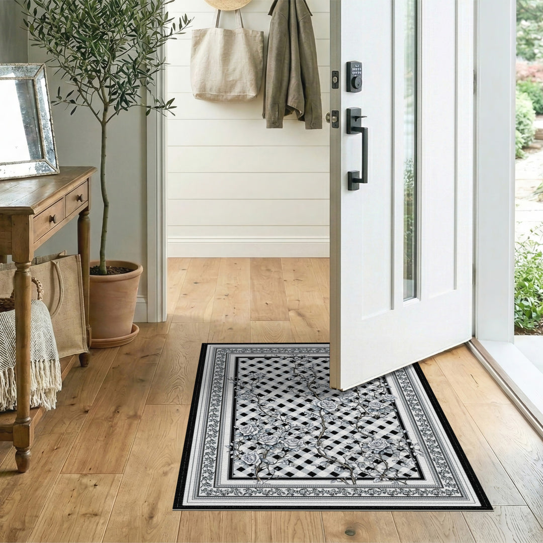 Black White Rose Trellis Area Rug