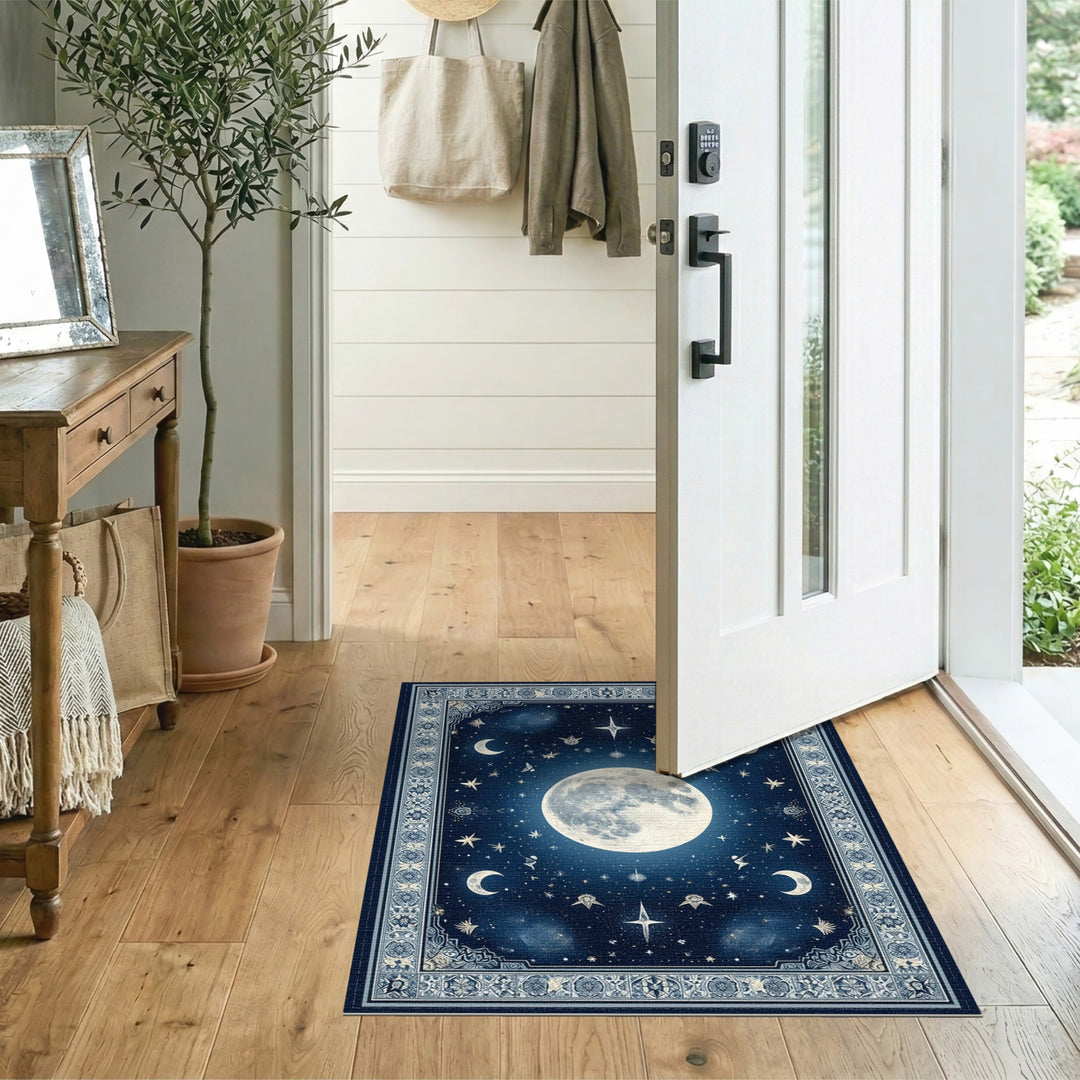 Vintage Blue Celestial Moon Area Rug