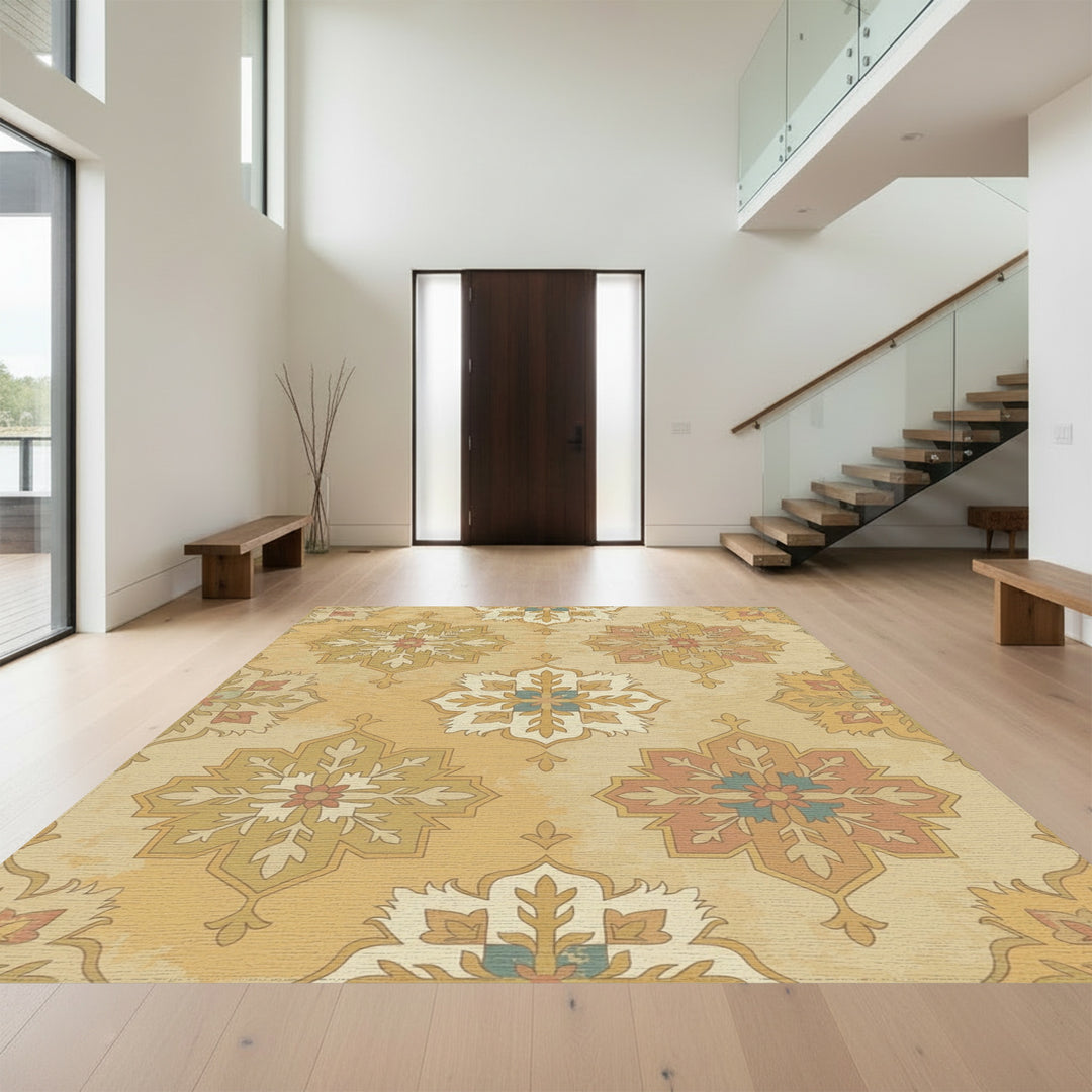 Golden Ochre Floral Starburst Medallion Rug