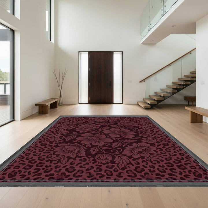 Deep Burgundy Floral Leopard Rug