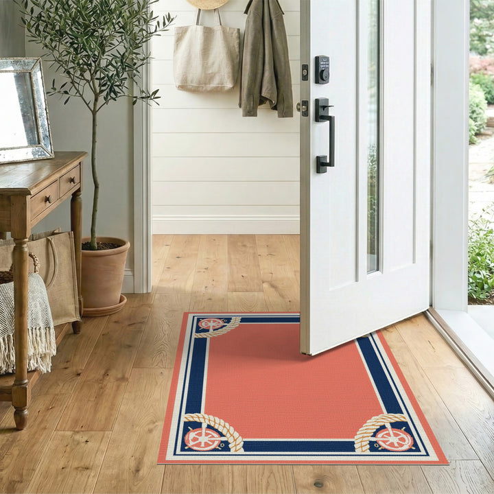 Nautical Coral Ship Wheel Area Rug