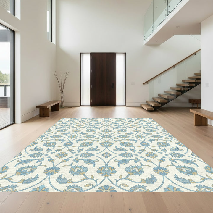 Blue Tan Floral Arabesque Scroll Rug