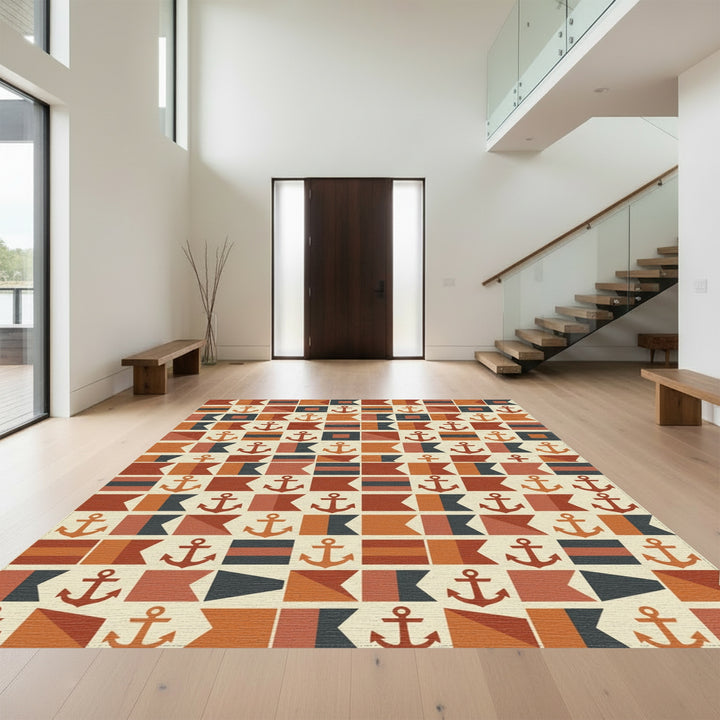 Nautical Anchor Flags Terracotta Palette Rug