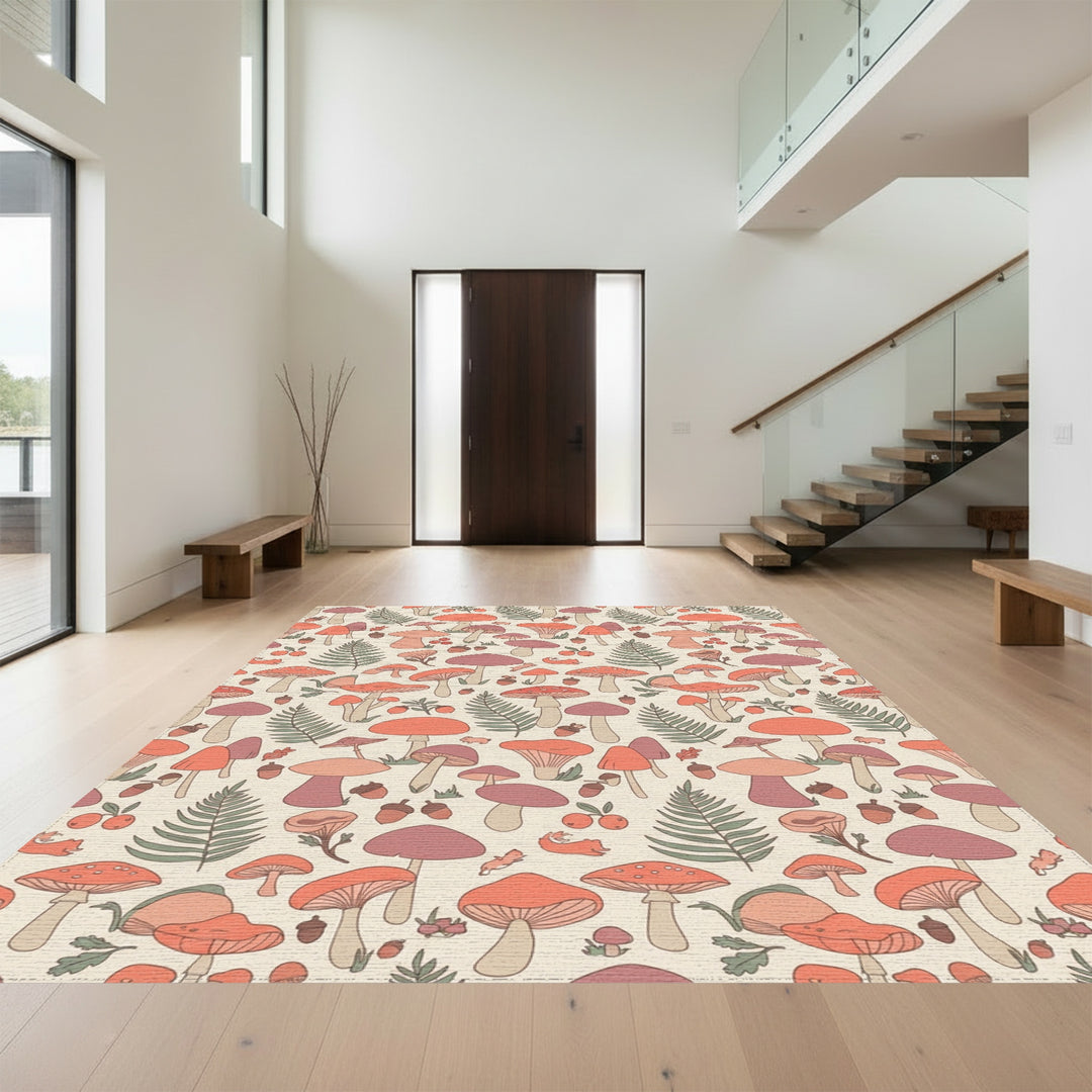 Retro Woodland Mushroom Fern Squirrels Rug