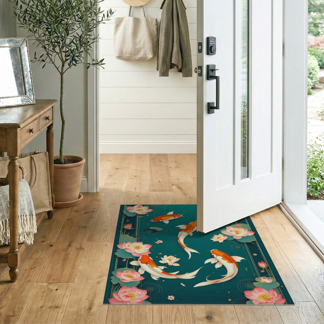 Teal Koi Lotus Washable Area Rug