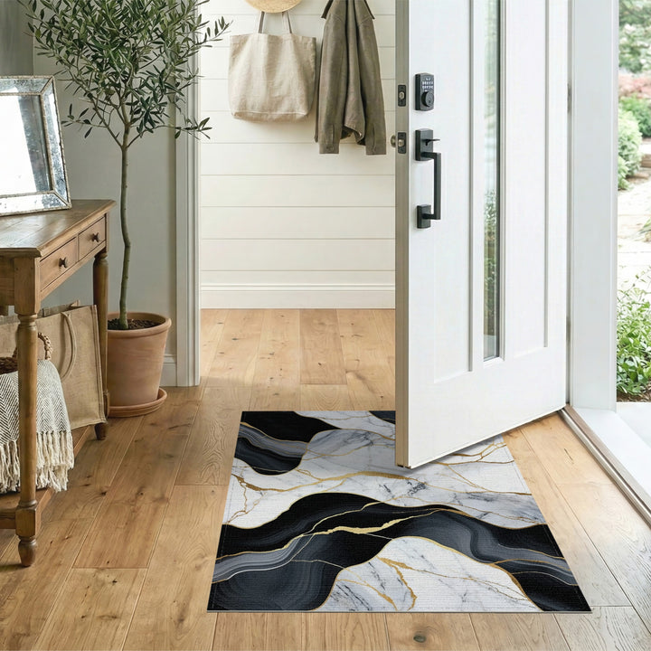Black White Marble Gold Vein Abstract Area Rug