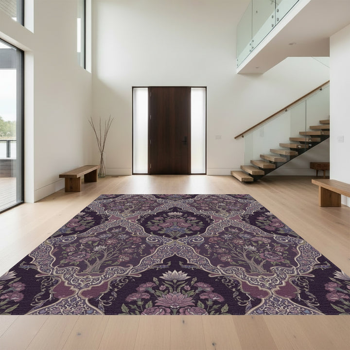 Deep Purple Floral Lattice Garden Rug
